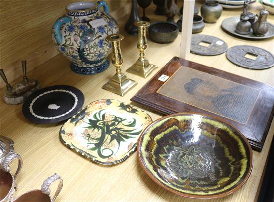 A quantity of mixed ceramics, pair of brass candlesticks and wooden panel